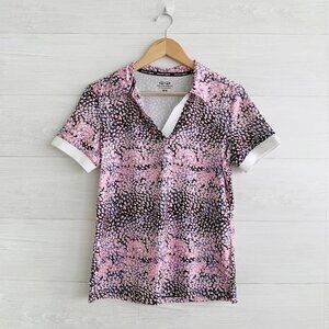 Snake Eyes - Pink abstract short sleeve split neck polo shirt, M